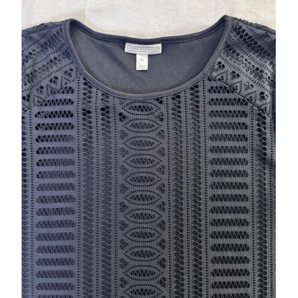 Dana Buchman Black Lined Lace Top Elbow Sleeve Geometric Eyelet Blouse Womens XL - Picture 2 of 11